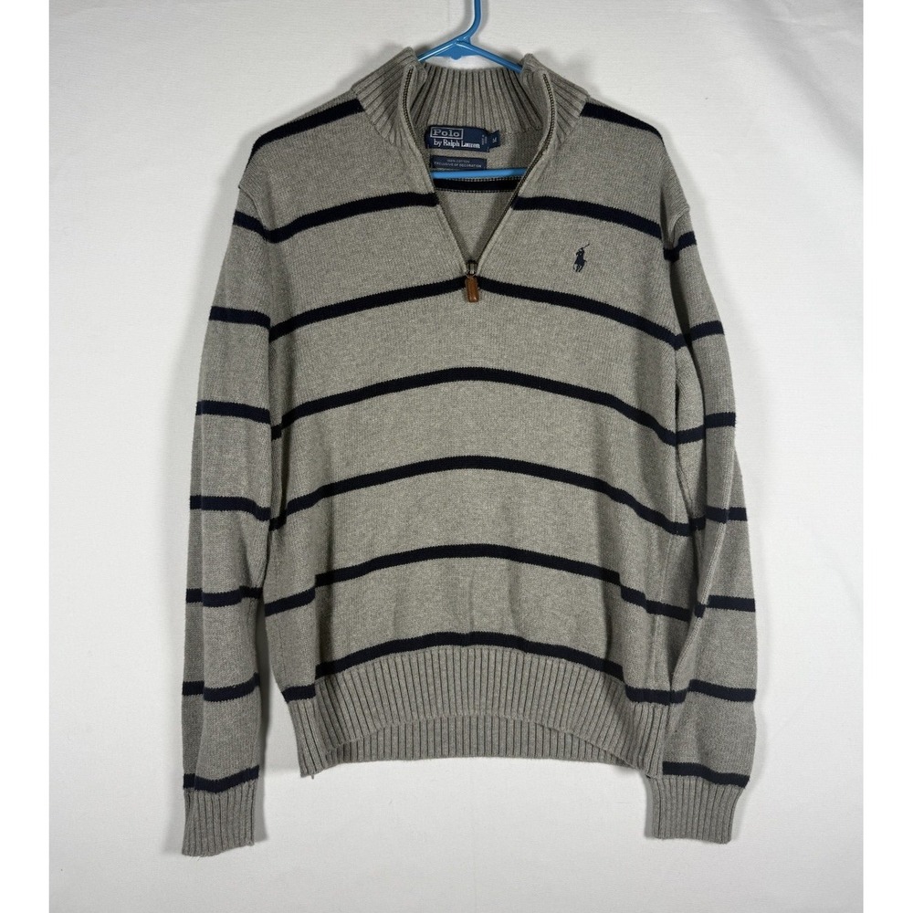 VTG Polo Ralph Lauren 1/4 Zip Sweater Men Medium Gray Striped Mock Neck Pullover